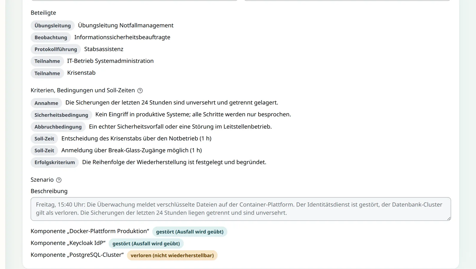 Planspiel zur Verschlüsselung der zentralen Plattformdienste: Beteiligte mit Rollen, Annahme, Sicherheits- und Abbruchbedingung, zwei Soll-Zeiten von je einer Stunde, ein Erfolgskriterium und das Szenario mit Container-Plattform und Identitätsdienst gestört sowie Datenbank-Cluster verloren.