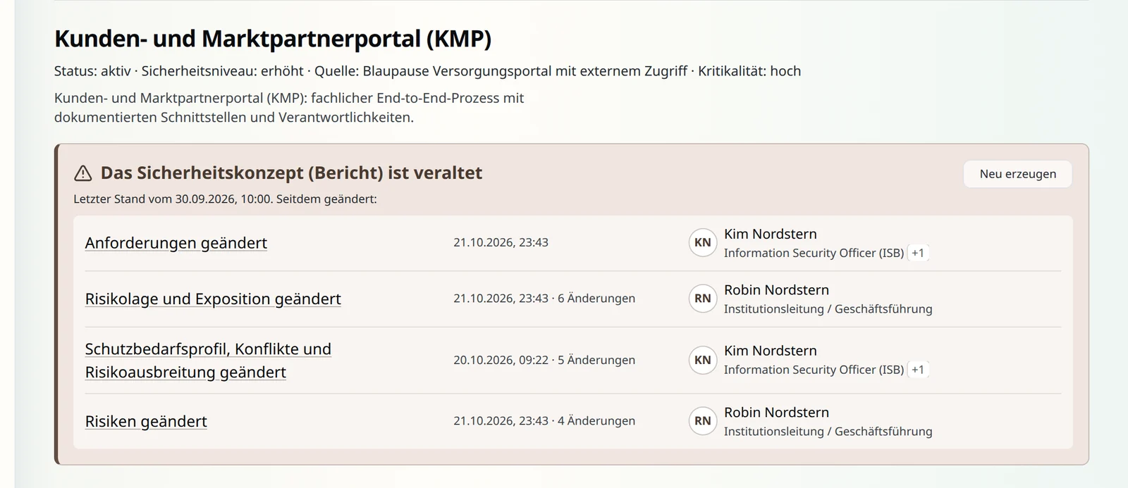 Informationsverbund Kunden- und Marktpartnerportal: Hinweis „Das Sicherheitskonzept (Bericht) ist veraltet“, letzter Stand vom 30.09.2026. Je geänderter Bereich steht, wann zuletzt geändert wurde, wie oft und von wem in welcher Rolle, etwa Risiken durch die Institutionsleitung und das Schutzbedarfsprofil durch die Informationssicherheitsbeauftragte.
